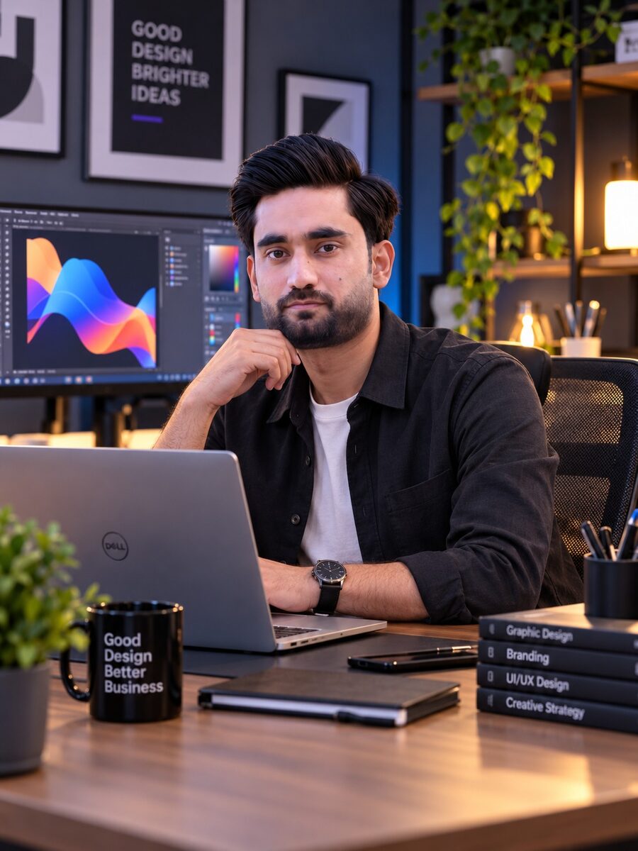 Designer at Hamza Graphics working at his studio desk
